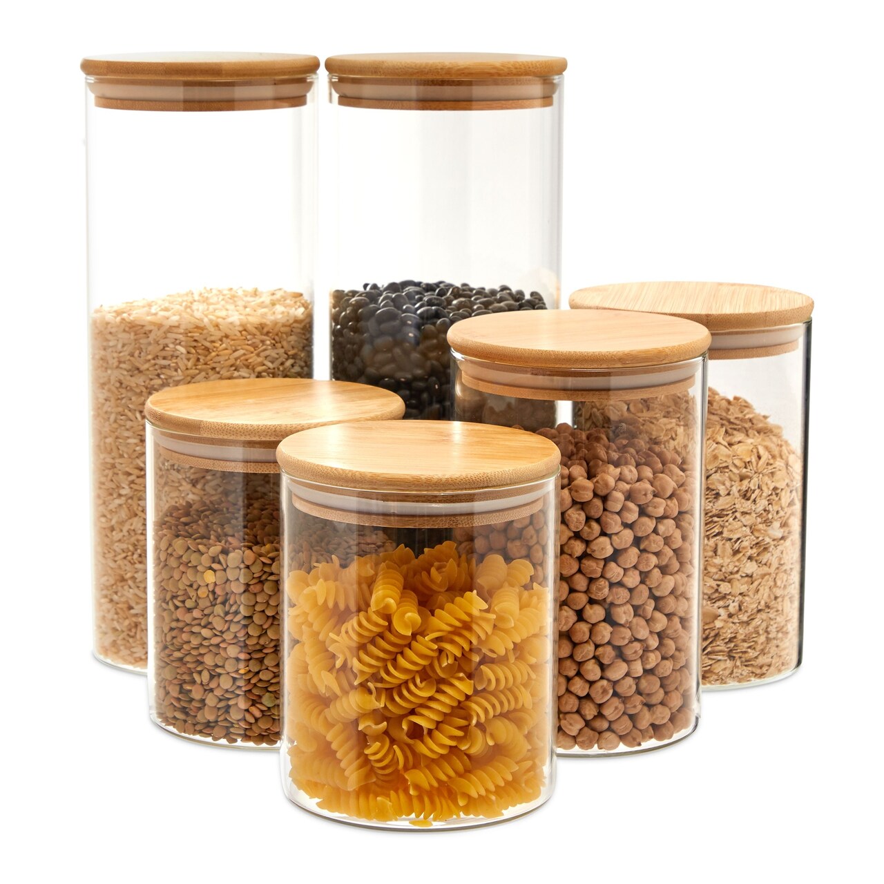Glass Storage Containers with Bamboo Lids, Airtight Pantry Canisters in 3 Sizes (6 Piece Set)